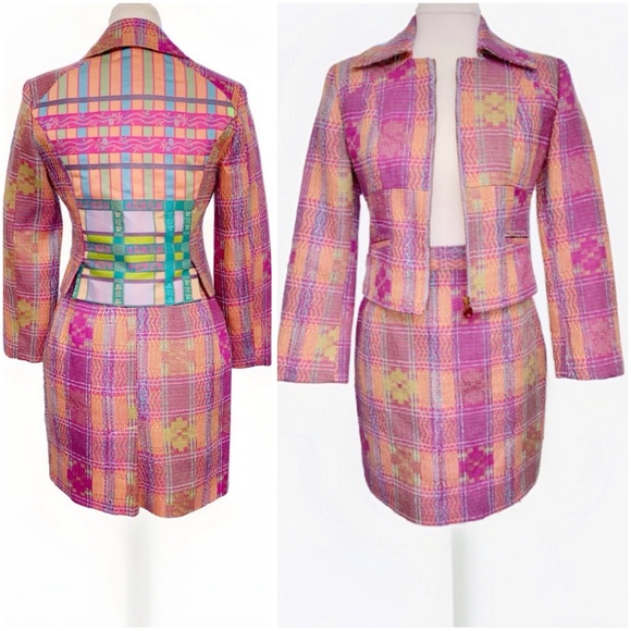 VINTAGE BAZAR CHRISTIAN LACROIX COLORFUL TWEED ZIP UP JACKET HIGH RISE SKIRT SET - Picture 1 of 16